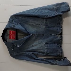 Rustic Denim Two Button Fitted Jean Jacket Blazer Vintage Medium Pockets